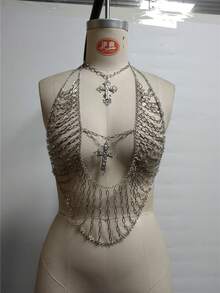 Glossmoon New Women's Nightclub Sexy Metal Tassel Chest Chain Rhinestone Cross Strap Bra Body Chain Fashion Jewelry Chain Beachwear - 銀色 - 查看 3