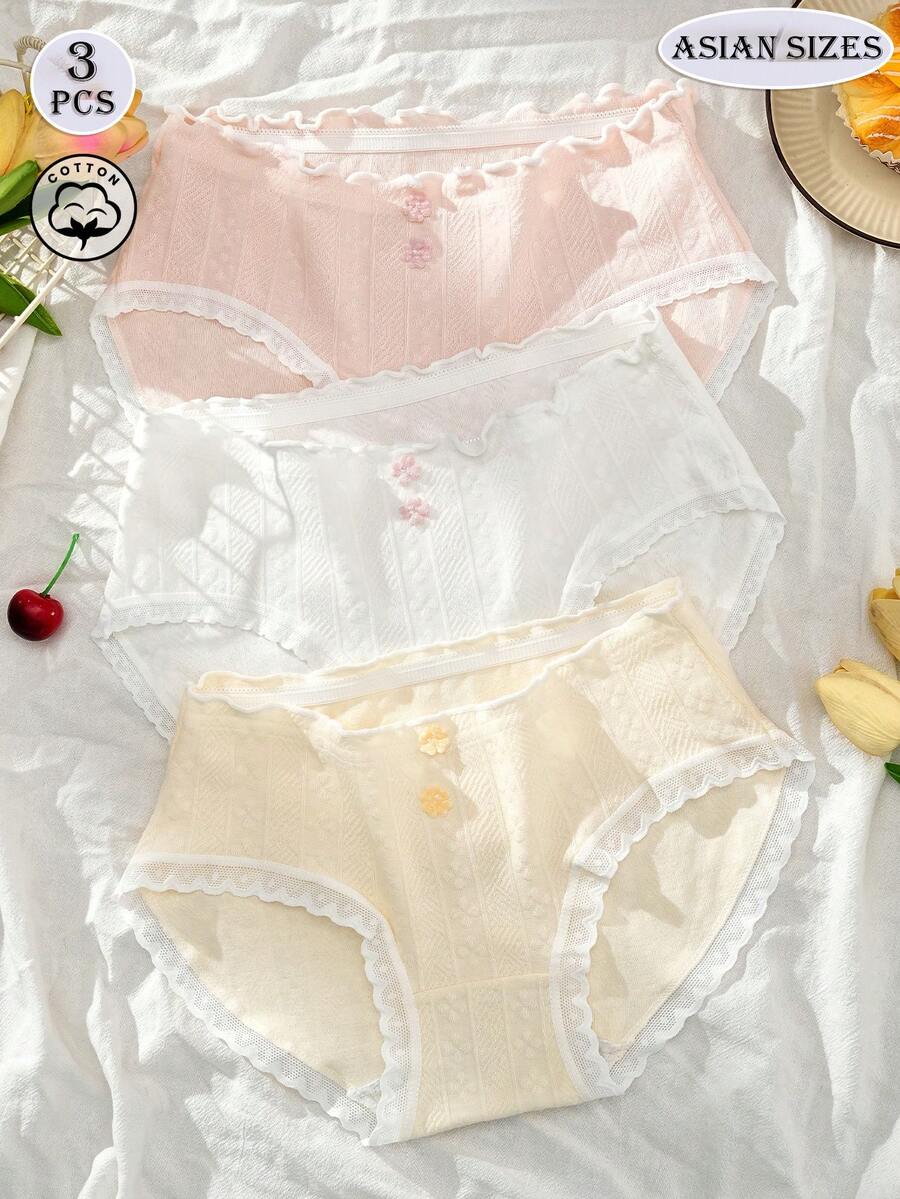 3件組女款純色中腰棉質內褲,可愛蕾絲純棉青春溫柔甜美花卉內著 - 彩色 - 查看 1