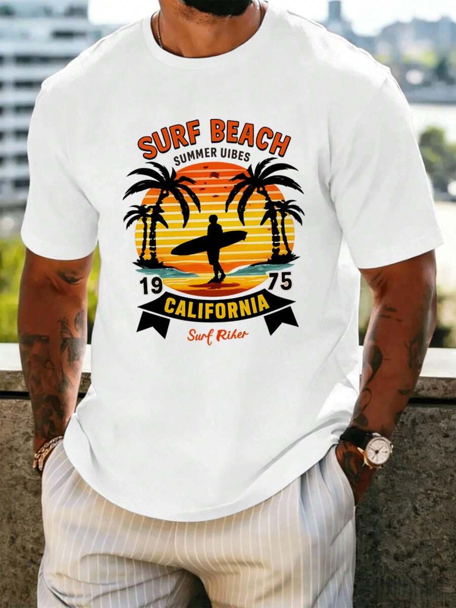 Surf-Beach-Vibes aus Kalifornien für den Herbst, Rundhalsausschnitt, bequeme Passform, Street-Hip-Hop-Stil, komfortable Passform, Grafikdesign - Weiss - Übersicht 1