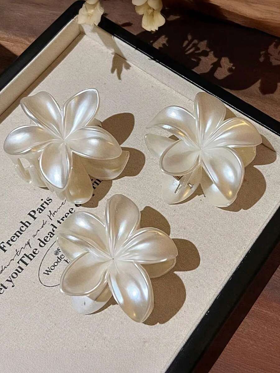 3个/2个/1个 6厘米/2.36英寸 珍珠白花朵塑料发夹，时尚百搭，简约优雅，纯色发爪，适合日常、休闲、派对、海滩、度假、发型设计、洗脸/洗头、化妆、服装配饰，秋季时尚发夹，冬季发饰，夏季发夹，女士发爪夹 - 彩色 - 查看 1