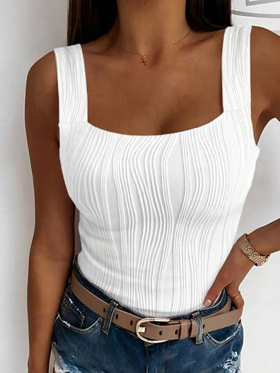 ChicMe Women Square Neck Textured Tank Top Slim Fit Sleeveless Casual Daily Wear Stylish Versatile Basic Top