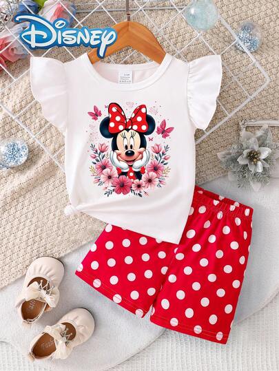  Disney Mickey Mouse Infant Girls' Minnie Floral Print Sleeveless Tank Top And Shorts Cute Set, Children Casual Summer Vacation Polka Dot Elastic Waist Shorts Outdoor Outfit