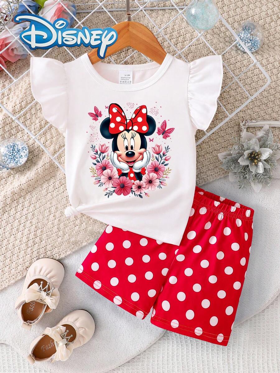 Disney 迪士尼米奇女婴碎花无袖上衣和波点松紧腰短裤套装，可爱休闲夏季度假装 - 紅色 - 查看 1