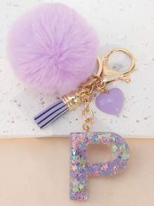 Móc khóa chữ cái A-Z bằng nhựa đính kim sa hình quả cầu len dễ thương, phụ kiện ví & túi xách, đồ trang trí treo balo, mặt dây chuyền xe hơi, quà tặng cho bé gái. - Màu tím hoa cà - Xem 29