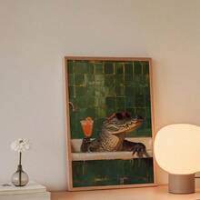 1幅复古鳄鱼沐浴海报 - 趣味浴室装饰，配有鸡尾酒杯，绿色瓷砖背景的复古浴室墙面艺术印刷品 - 适用于客厅、厨房、办公室的帆布画 - 乔迁礼物之选 - 无框浴室装饰，趣味艺术品，吸睛单品，家居装饰 - 彩色 - 查看 3