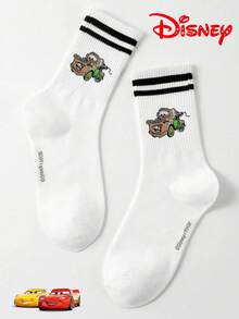 Disney 1双男士汽车提花中筒袜，运动风黑白条纹，可爱独特的卡通图案，防臭吸湿，休闲船袜，适合学生、成人日常穿着及送礼，袜子 - 白色 - 查看 1