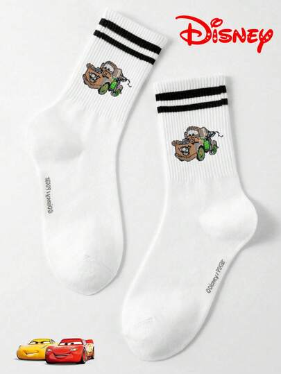  1 Pair Disney Cars Jacquard Pattern Men's Mid-Calf Socks, Black & White Stripes, Cute Cartoon Disney Design, Odor-Resistant, Moisture-Wicking, Casual & Sporty, Suitable For Students/Adults As Gifts Or Daily Wear