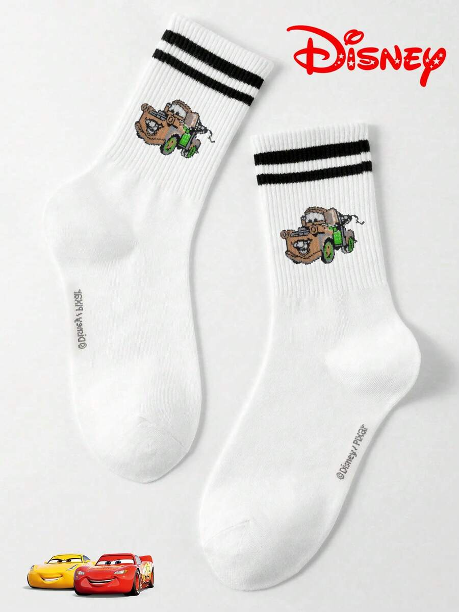 Disney 1双男士汽车提花中筒袜，运动风黑白条纹，可爱独特的卡通图案，防臭吸湿，休闲船袜，适合学生、成人日常穿着及送礼，袜子 - 白色 - 查看 1