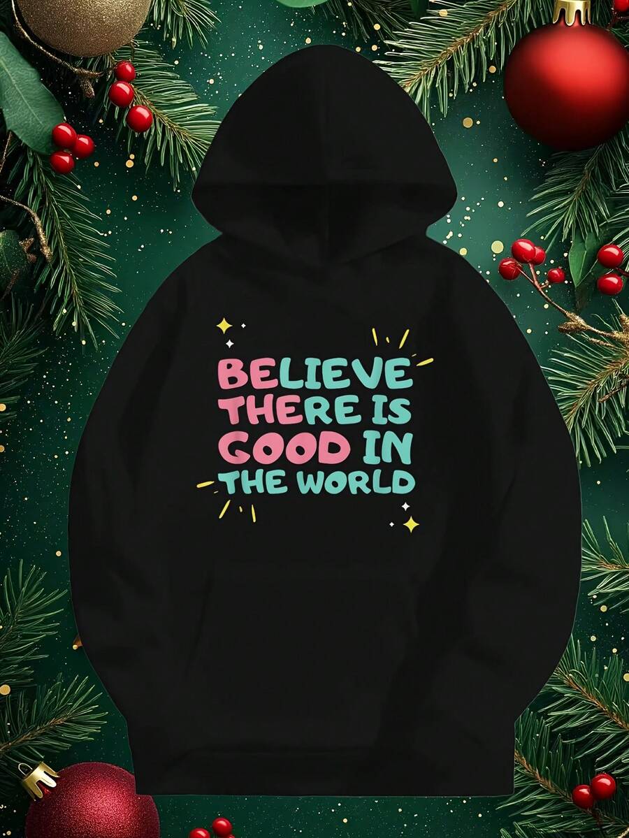 Men-S And Women-S Soft Fabric Hooded Sweatshirt With Believe There Is Good In The World Inspirational Graphic Print - With And Lettering, Hine Washable Casual Pullover, Unisex Reg_099 - 黑色18 - 查看 1