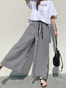 2025新款黑白格子高腰宽松抽绳阔腿裤，女款，春夏款 - 黑與白 - 查看 3