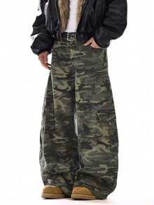 1pc Vintage American Brand Patchwork Men's Camouflage Cargo Pants, Loose Fit Comfortable Multi-Pocket Wide Leg Trousers (Belt And Accessories Not Included) - Coffee Brown - View 3