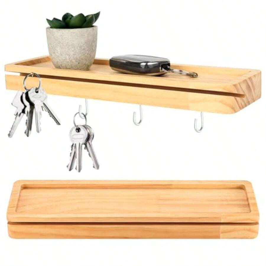 Wooden Key Holder For Wall Storage Hook 1 SetKey Hooks Wall Mounted Key Rack Shelf With Hooks WoodKey Hanger With 4 Hooks For Entryway Hallway Bedroom Office Home Decor - 1 - View 1