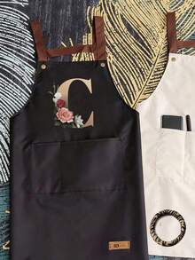 可调节肩带围裙,带实用口袋,可定制花卉和字母 A-Z 印花,男女通用,耐用围兜式肩带,颈部和腰部系带均可调节,大口袋,可水洗,防污,适用于厨房、美发师、园艺、厨师、美容学校、婚礼、派对等场合 - 优雅背景 - 彩色 - 查看 6