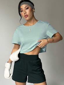 1 chiếc áo thun nữ dáng rộng, thắt dây phía sau, thích hợp cho tập gym, chạy bộ, hoạt động ngoài trời, mặc thường ngày, đi làm vào mùa xuân/hè. - Màu xanh Bạc hà - Xem 2