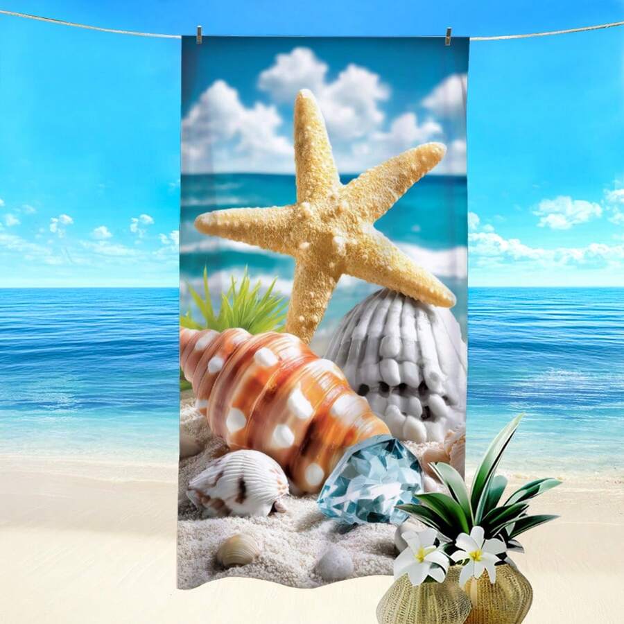 1条海洋生物海星贝壳珊瑚印花沙滩巾,超强吸水速干,适合游泳,柔软沙滩毯,适用于海滩、游泳、户外露营旅行,理想的沙滩必备泳池毛巾浴巾 - 彩色 - 查看 1