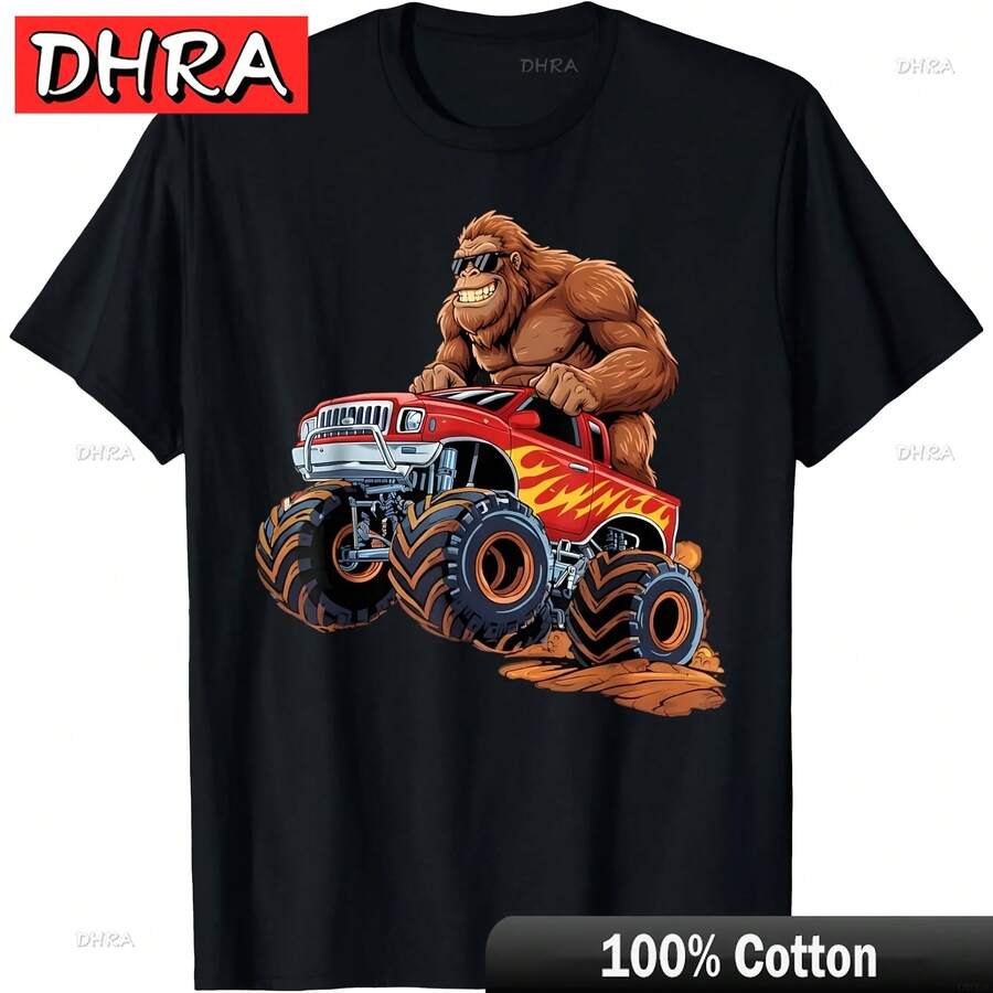 Funny Bigfoot Riding Monster Truck Sasquatch Graphic T-Shirt Graphic Tops Vintage Funny Shirts Tshirts For Funny Shirts - 黑色 - 查看 1