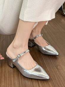 女士粗跟尖头银色套脚凉鞋，中跟夏季新款户外无后跟拖鞋，时尚百搭优雅穆勒鞋 - 銀色 - 查看 2