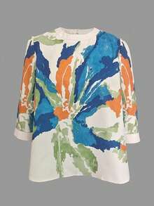 New Women's Three-Quarter Sleeve Casual Shirt - Unique Back Button-Down Design - Watercolor Leaf Print - Everyday Casual Fashion Style - 白色 - 查看 2