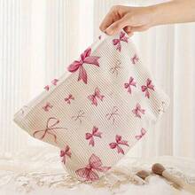 1PCS Corduroy Makeup Bag Pink Bow Pattern Collection Lightweight And Multi Functional Zipper Bag - Perfect For Cosmetics, Travel Essentials, Toiletries Storage Bag Corduroy Fabric - 米色 - 查看 6