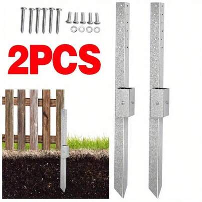 2pack Fence Post Fence Post Repair Stakes Kit, Heavy Duty Steel Fence Post Brackets, Fixer Anchor Ground Spike For Repair Tilted Or Broken Wooden Fence Posts