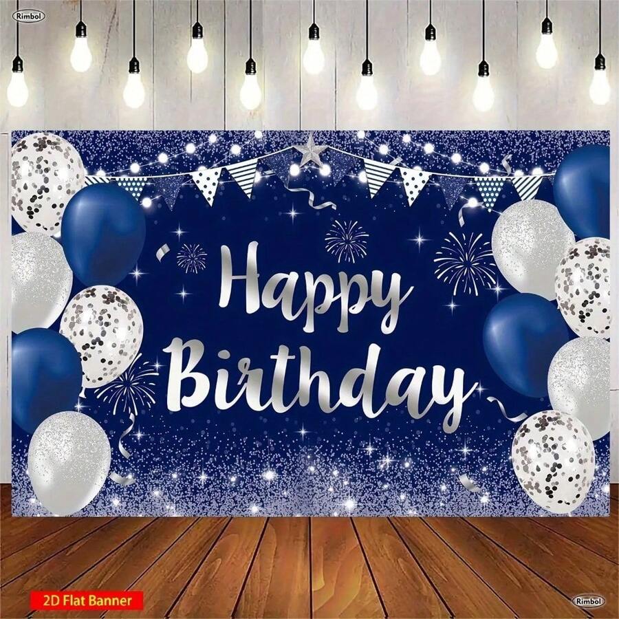 1个2D闪亮生日快乐横幅，银色和海军蓝派对背景，适合男女庆祝活动 - 多色 - 查看 1