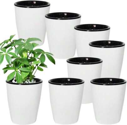OJYUDD 8 Pack 4 Inch Self Watering Plastic Planter With Inner Pot White Flower Plant Pot,Modern Decorative Flower Pot For All House Plants,Flowers,Herbs,African Violets