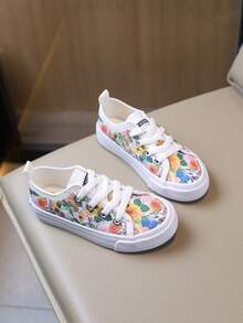 2026 Spring Floral Print Canvas Lace-Up Casual Flat Shoes, Non-Slip Breathable Girls Children Sneakers - White - View 2