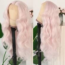 13X4 Light Blue Long Body Wave Lace Front Wig 28" Long Wavy Wigs Glueless Free Part Blue Wavy Hair Adjustable Straps & Combs Heat Resistant Blue Loose Wave Synthetic Hair Replacement Wigs For Women For Daily Wear Parties & Special Occasions - 淡粉紅色 - 查看 6