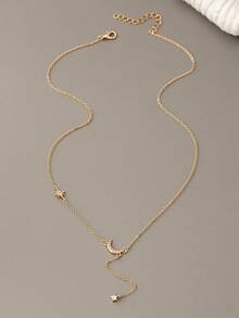 1 Pc Cooper Zirconia Moon Star Necklace For Women , Delicate Y Chain Necklace Star Moon Pendant - Golden Star and Moon Necklace - View 4