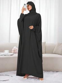 1件套头巾围巾及连帽长袍套装，穆斯林针织长袍，带头巾，女士祈祷吉尔巴布长袍，迪拜沙特阿拉伯土耳其伊斯兰风格端庄头巾