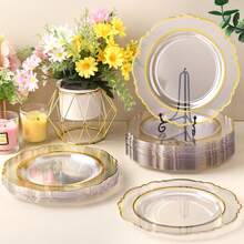 50/25/12/1件套透明莲花边餐盘，餐具套装，沙拉盘，派对用品，托盘，10.25英寸和7.5英寸上菜盘，适用于各种派对、户外、婚礼、餐厅等场合。 - 無色 - 查看 8