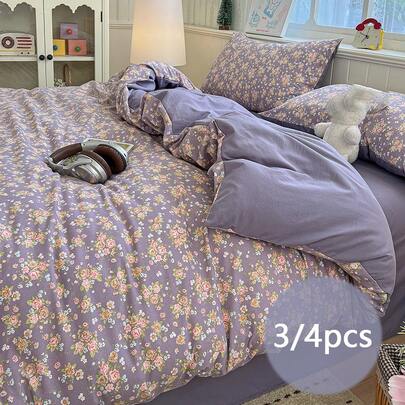 3/4pcs Purple Floral Duvet Cover Set, Zipper Closure, Tie-Strap Design, Vintage European Rose Print Bedding Set, Suitable For Home/Dorm Decor, Includes 1 Duvet Cover (No Filling), 1 Bed Sheet, 1/2 Pillowcase(S) (No Filling)