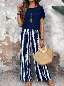 (Free Shipping) Women's 2-Piece Set:Daily Casual Minimalist T-Shirt & Striped Wide-Leg Pants For Spring/Summer; Vacation Outfits Women; Conjunto Para Mujer;Women Two Pieces Outfits For Daily Wear Island Vacation Outfits - Blue - View 3