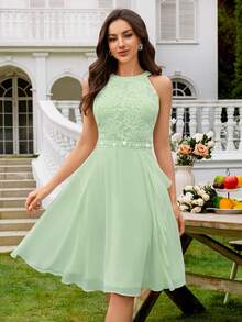 MIUSOL Floral Lace Backless Ruffle Hem Chiffon Skirt, Elegant Semi-Formal Wedding Guest Dress, Suitable For Birthday, Graduation, Homecoming And Other Occasions - Mint Green - View 5