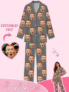 定制女士睡衣套装，可印制趣味照片，可上传定制人脸照片，春秋季薄款黑白格纹翻领长袖上衣和长裤睡衣套装，婚礼礼物，色彩缤纷，可爱迷人，简约时尚，趣味十足，可定制休闲舒适长款家居服，个性化照片礼物，适合送给妻子、女友、姐妹和家人，女士家居服可定制人脸，独特的定制照片礼物，适合生日、周年纪念日、情人节。 - 彩色 - 查看 1