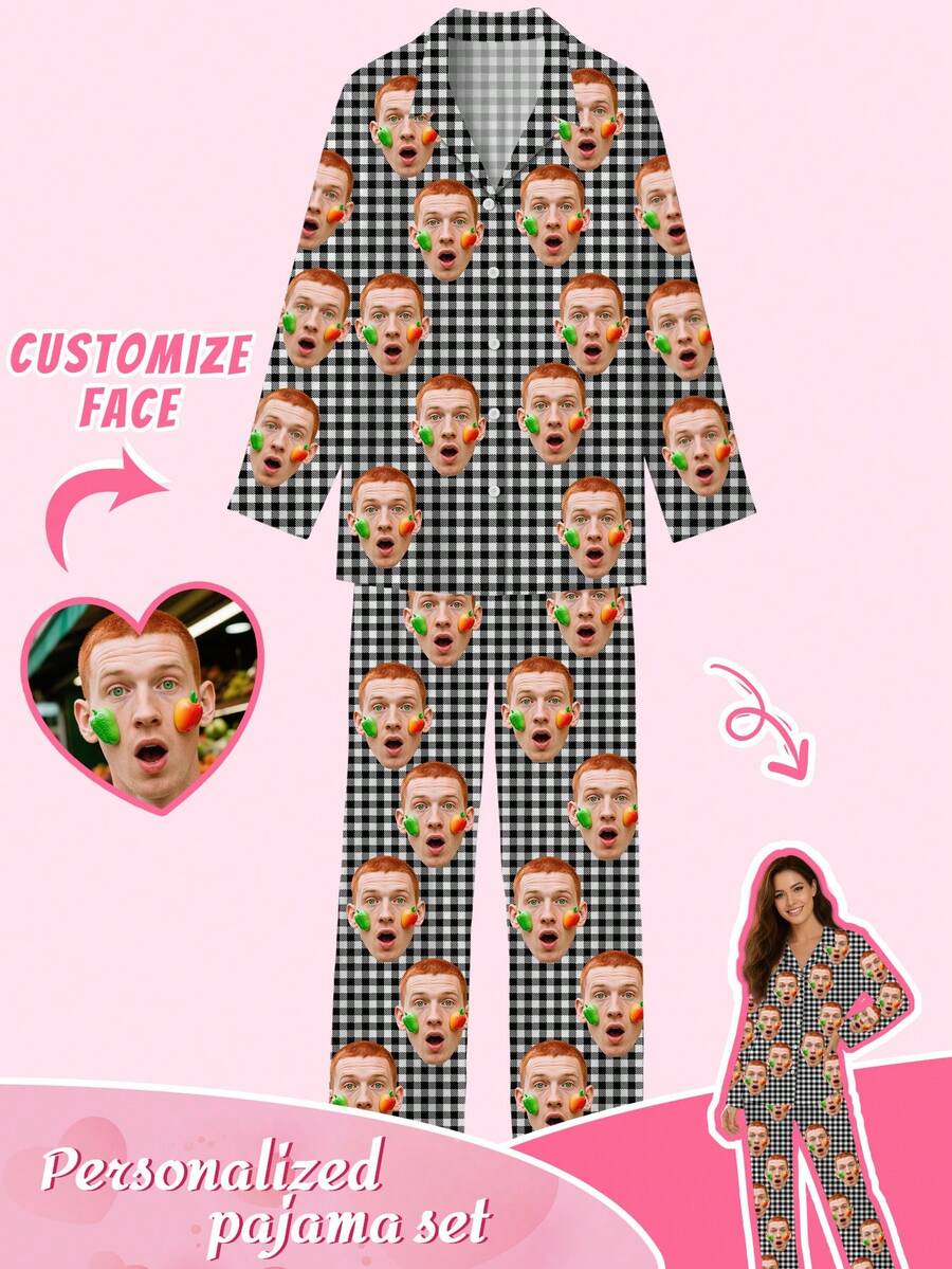 定制女士睡衣套装,可印制趣味照片,可上传定制人脸照片,春秋季薄款黑白格纹翻领长袖上衣和长裤睡衣套装,婚礼礼物,色彩缤纷,可爱迷人,简约时尚,趣味十足,可定制休闲舒适长款家居服,个性化照片礼物,适合送给妻子、女友、姐妹和家人,女士家居服可定制人脸,独特的定制照片礼物,适合生日、周年纪念日、情人节。 - 彩色 - 查看 1