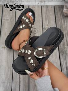 纯色铆钉装饰新款时尚金属扣装饰露趾厚底凉鞋，时尚、舒适、防滑、百搭、易清洁，适合海滩和日常穿着。 - 咖啡棕 - 查看 4