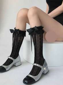 1双日系洛丽塔蕾丝边过膝袜，女士薄款腿套，蝴蝶结蕾丝镂空爱心腿套，优雅哥特洛丽塔图案袜子，适合时尚日常穿着