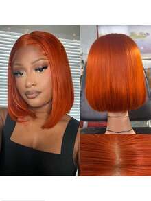 10英寸姜橙色13x4透明蕾丝前直发假发，巴西人发混纺，180%密度，全蕾丝前额假发，女士款，预先拔毛，预先剪裁，13x4无胶人发混纺假发，闭合式假发，8-36英寸 - S350 - 查看 3
