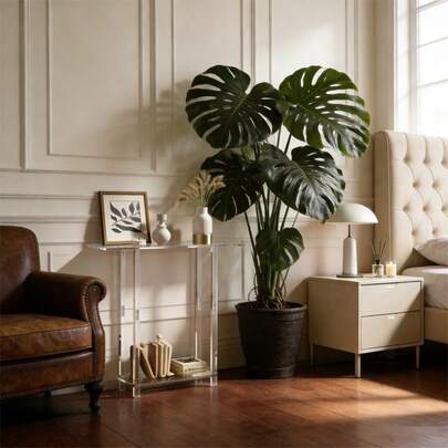 Modern Transparent Acrylic Double-Layer Narrow Edge Desk With Open Storage - Space-Saving Entryway Console Table, Transparent Rectangular Side Table, Suitable For Living Room, Foyer, Bedroom - Sturdy Unassembled Design