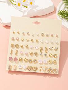 30 szt./zestaw uroczych, minimalistycznych kolczyków z kwiatami, sercem, gwiazdą, metalowymi sztucznymi perłami i kryształkami, prezent świąteczny dla kobiet, odpowiedni do noszenia na co dzień i na randkę - Wielokolorowe - Zobacz 2