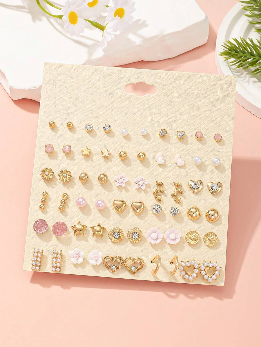 30 szt./zestaw uroczych, minimalistycznych kolczyków z kwiatami, sercem, gwiazdą, metalowymi sztucznymi perłami i kryształkami, prezent świąteczny dla kobiet, odpowiedni do noszenia na co dzień i na randkę