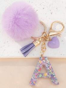 Móc khóa chữ cái A-Z bằng nhựa đính kim sa hình quả cầu len dễ thương, phụ kiện ví & túi xách, đồ trang trí treo balo, mặt dây chuyền xe hơi, quà tặng cho bé gái. - Màu tím hoa cà - Xem 19