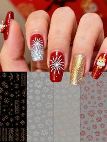 4 Pieces Of New Year Fireworks Glitter Nail Art Stickers - DIY Art Design Of Dazzling Fireworks And Snowflakes For Valentine's Day And New Year's Day, Suitable For Women's Daily Life, Weddings, And Holidays. Disposable Self-Adhesive Back Adhesive Nail Art Stickers With A Simple And Luxurious Theme Style, Easy To Stick Nail Decoration Stickers