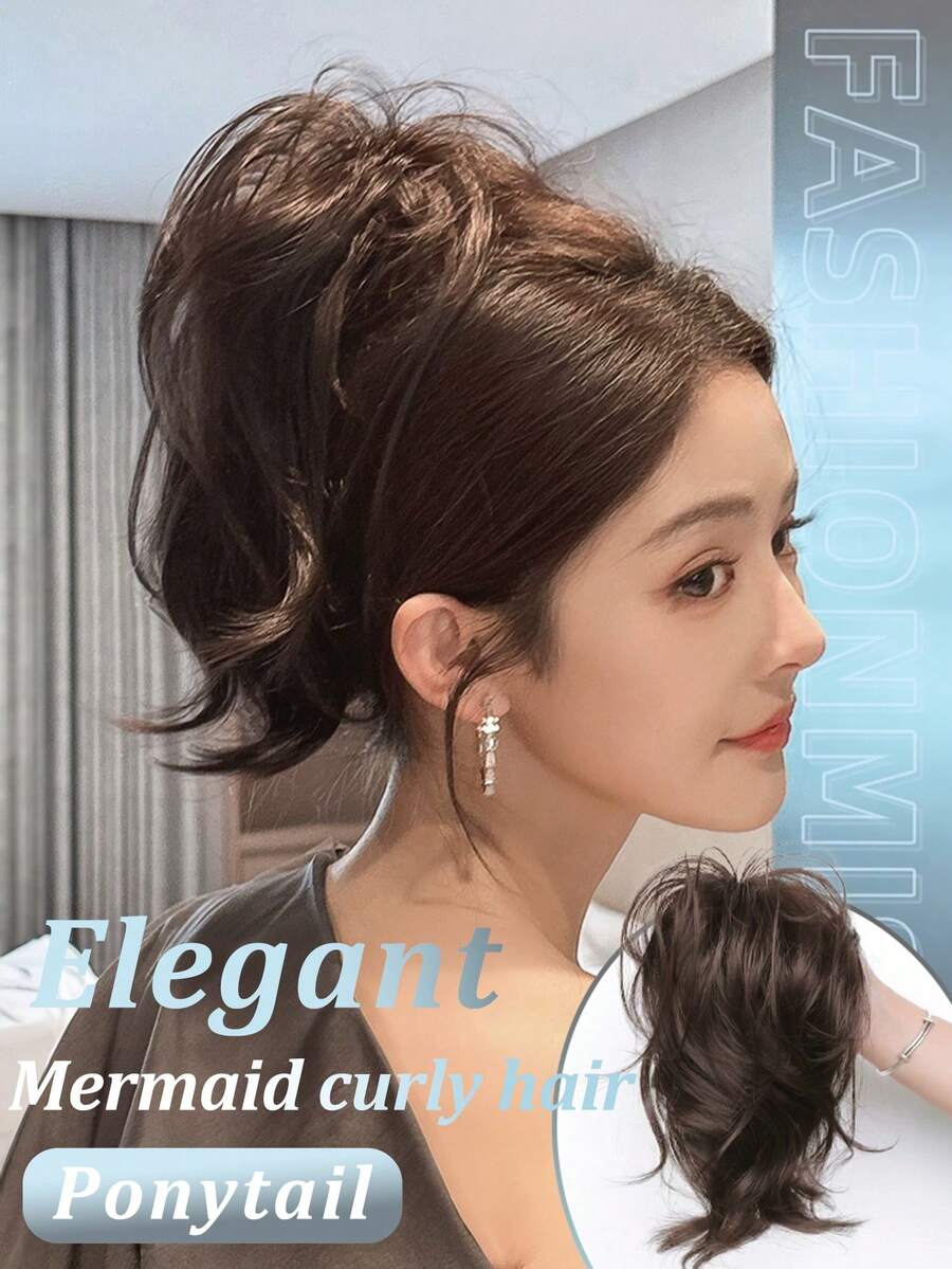 12 Inch Black & Brown Synthetic Mermaid Curly Hair Claw Ponytail Extensions, Create Elegant & Natural Hairstyles - Multicolor - View 1