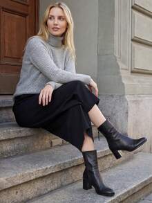 Botas de media pantorrilla para mujer, botas negras casuales y de moda, adecuadas para usar al aire libre - Negro - Ver 5