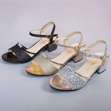 2025 Verano Nuevas Sandalias de Tacón Grueso de Dos Maneras de Uso Tacón Medio Punta Abierta Tacón Bajo Estilo Coreano Elegante Versátil Sandalias de Rhinestone - Dorado - Ver 5