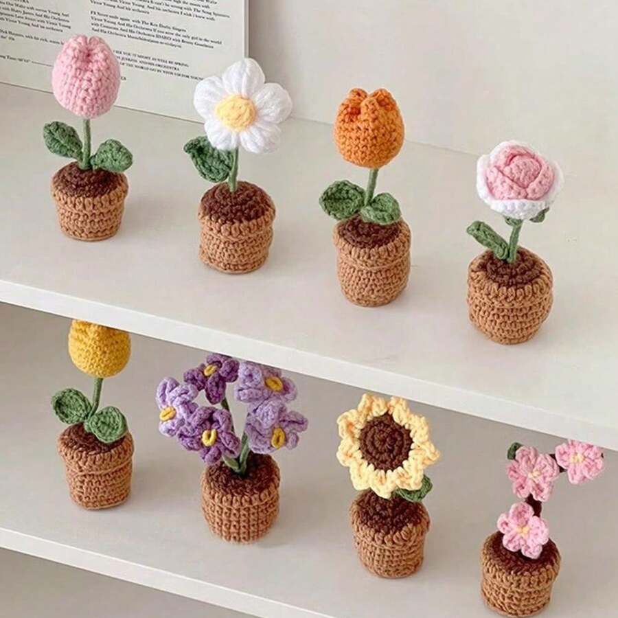 Handmade Knitted Tulip Potted Plant, Crochet Sunflower Potted Plant, Heart-Shaped Flower Desktop Decor, Knitted Rose Flower Finished Product, Forget-Me-Not Potted Plant, Artificial Flower Desktop Decor, Party Small Gift - Nhiều màu - Xem 1