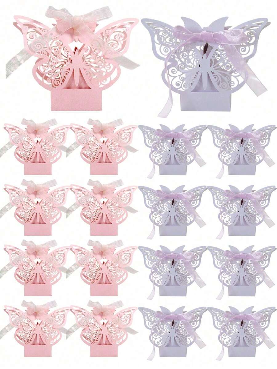 6 piezas Cajas de regalo con forma de mariposa 3D huecas de color rosa/morado, cajas de recuerdo para bodas, envoltorios de caramelos de papel, cajas de decoración para fiestas, adecuadas para bodas, San Valentín, cumpleaños, despedidas de soltera - Multicolor - Ver 1