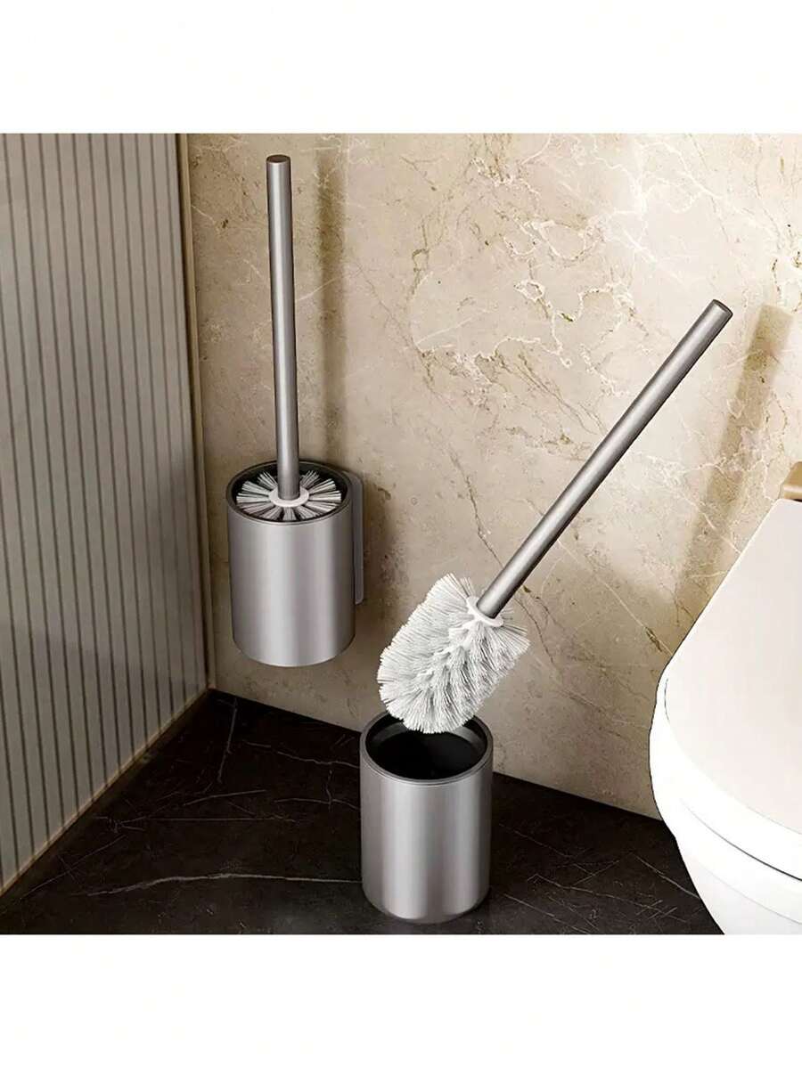 1支长柄马桶刷带支架，壁挂式浴室清洁刷，无死角清洁，不锈钢材质，浴室必备品